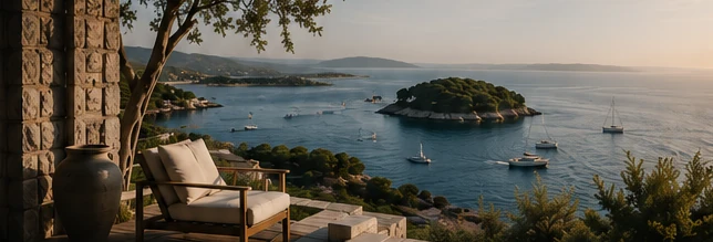 Art-direction illustration of an Adriatic-inspired setting; not a photograph of a real property