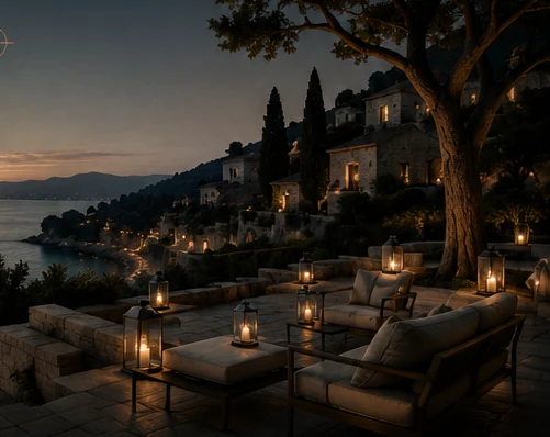 Art-direction illustration of an Adriatic-inspired setting; not a photograph of a real property
