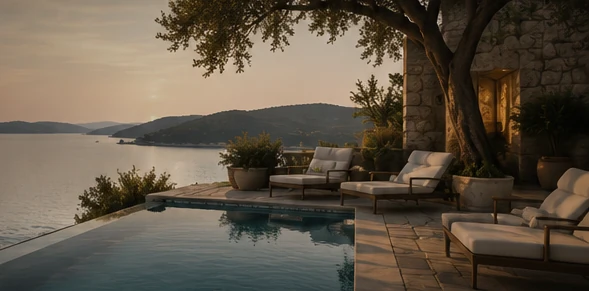 Art-direction illustration of an Adriatic-inspired setting; not a photograph of a real property