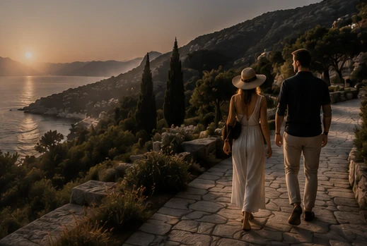 Art-direction illustration of an Adriatic-inspired setting; not a photograph of a real property